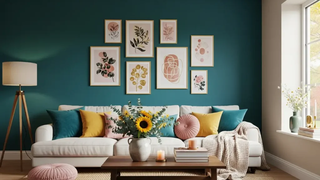 Imagem da Parede de Destaque Uma sala com uma parede de destaque em verde-azulado, ilustrando como combinar cores na decoração de maneira prática e sem grandes reformas.