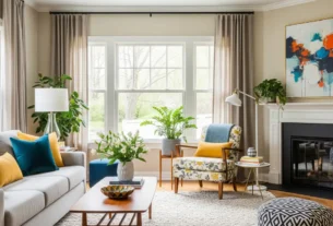 Uma sala de estar harmoniosa e cheia de vida, com um sofá cinza decorado com almofadas azuis e amarelas, plantas, e uma lareira. A imagem ilustra como combinar cores na decoração usando a regra 60-30-10, com tons neutros como base e toques vibrantes de cor.