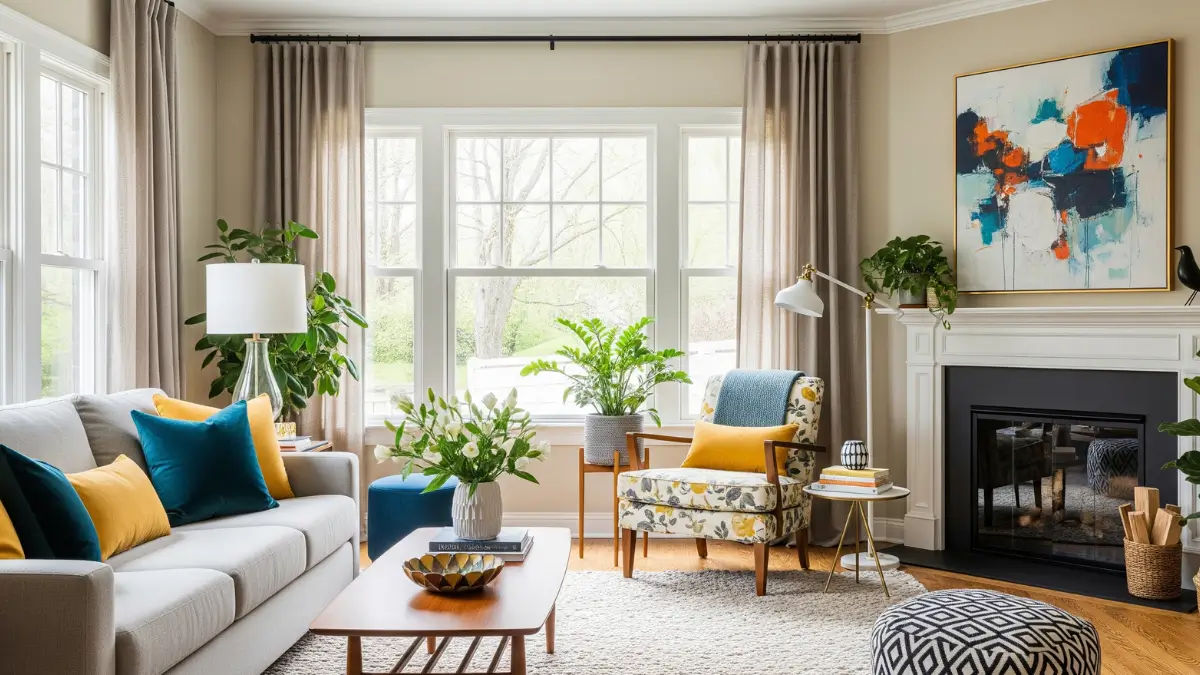 Uma sala de estar harmoniosa e cheia de vida, com um sofá cinza decorado com almofadas azuis e amarelas, plantas, e uma lareira. A imagem ilustra como combinar cores na decoração usando a regra 60-30-10, com tons neutros como base e toques vibrantes de cor.