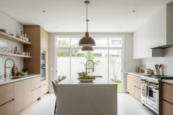 Cozinha moderna com ilha central mostrando o tempo médio de reforma de cozinha bem planejado.