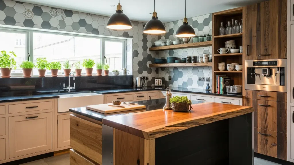 Combinação de materiais e iluminação em um projeto de cozinha planejada que reflete o estilo pessoal.