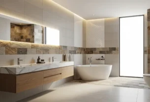 Uma imagem de um banheiro moderno e elegante, destacando diferentes tipos de revestimentos para banheiro nas paredes e no piso, como porcelanato e pedra natural, com uma banheira e uma bancada de mármore.