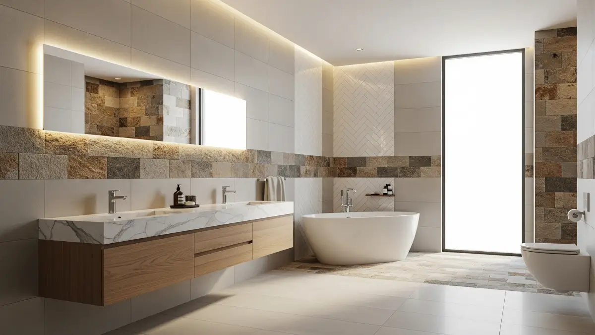 Uma imagem de um banheiro moderno e elegante, destacando diferentes tipos de revestimentos para banheiro nas paredes e no piso, como porcelanato e pedra natural, com uma banheira e uma bancada de mármore.