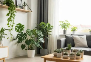 Uma sala de estar clara e moderna com um sofá cinza ao lado de uma grande janela, repleta de ideias de decoração com plantas. Sobre uma mesa de centro de madeira, há uma coleção de suculentas em vasos brancos. Ao lado, uma grande Costela-de-Adão e outras plantas de piso, e em uma prateleira na parede, uma jiboia com folhas pendentes, criando um ambiente de oásis urbano.