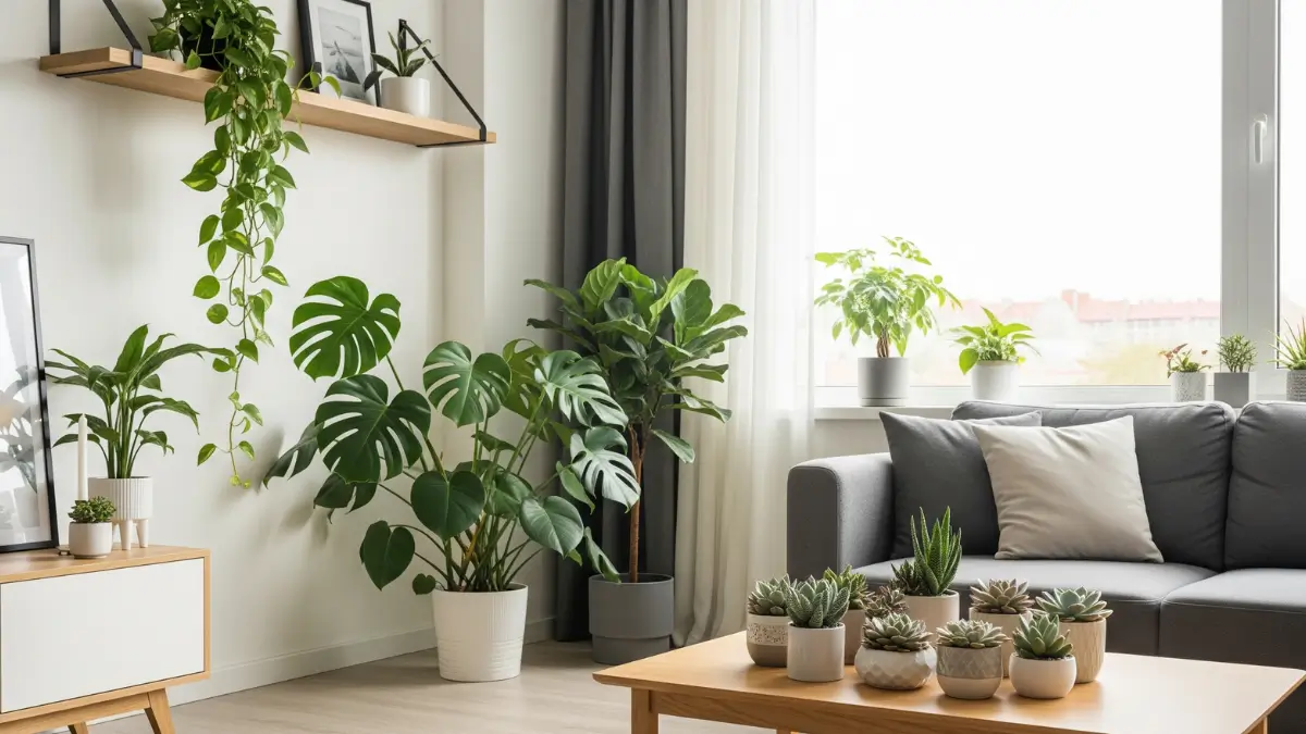Uma sala de estar clara e moderna com um sofá cinza ao lado de uma grande janela, repleta de ideias de decoração com plantas. Sobre uma mesa de centro de madeira, há uma coleção de suculentas em vasos brancos. Ao lado, uma grande Costela-de-Adão e outras plantas de piso, e em uma prateleira na parede, uma jiboia com folhas pendentes, criando um ambiente de oásis urbano.
