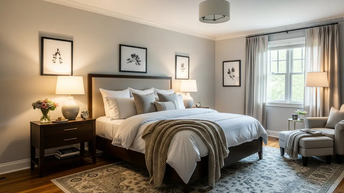 Imagem de um projeto de quarto de casal elegante e acolhedor, com uma cama grande e confortável, iluminação quente e indireta, e uma decoração em tons neutros que inspira calma e intimidade.