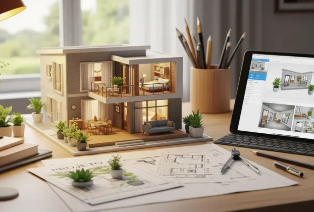 Maquete de casa moderna com planejamento de construção de casa em mesa de escritório.