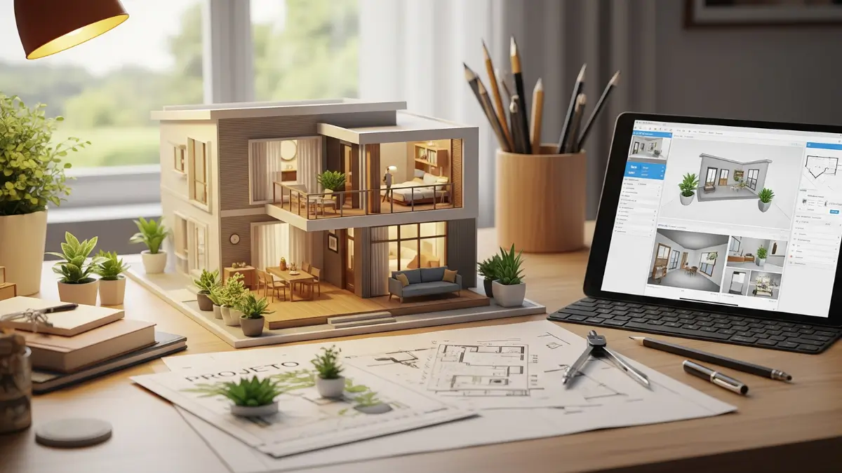 Maquete de casa moderna com planejamento de construção de casa em mesa de escritório.