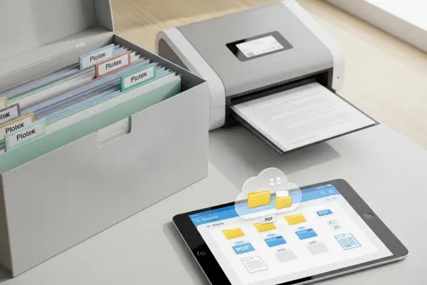 Caixa organização de documentos pessoais com pastas coloridas e scanner digitalizando documentos pessoais.