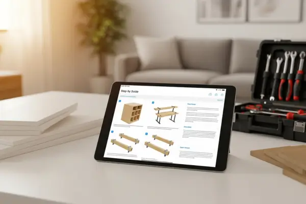 Tablet mostrando instruções de montagem de móveis passo a passo em uma mesa com ferramentas e peças de móveis ao redor.