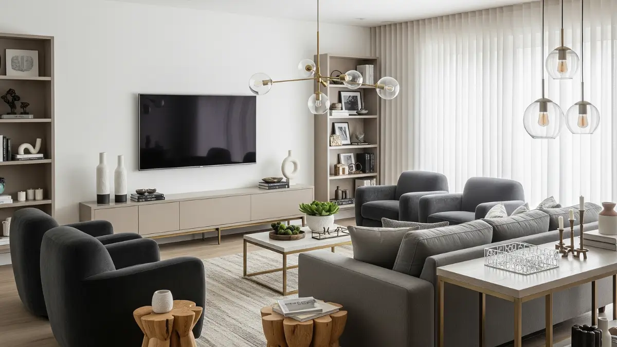 Sala de estar moderna e organizada com um sofá cinza, poltronas aconchegantes e mesa de centro de madeira, mostrando como organizar móveis na sala de forma harmoniosa.