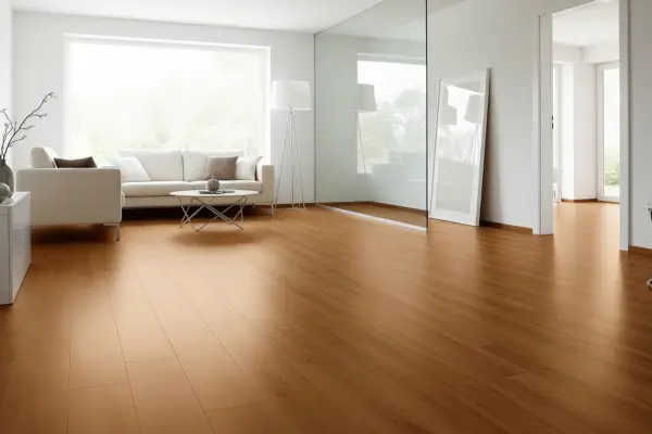 Ambiente sofisticado com piso laminado brilhante, resultado de uma excelente Manutenção de Pisos Laminados. A superfície limpa e refletiva destaca a importância do cuidado regular para a durabilidade do revestimento.