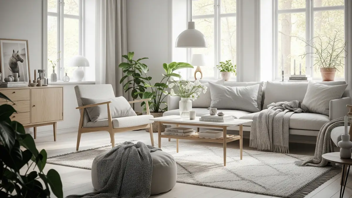 Ambiente acolhedor e iluminado, representando a beleza da decoração escandinava.