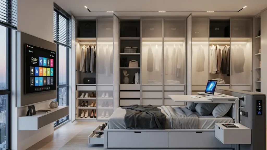 Imagem de um projeto de quarto de casal otimizado com armários planejados, cama com gavetas de armazenamento, TV na parede e um design moderno que enfatiza a funcionalidade e a organização do espaço.