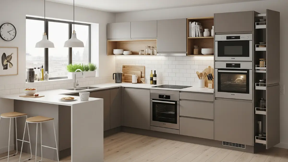 Pessoa iniciando um projeto de cozinha planejada com desenhos e painéis de inspiração.