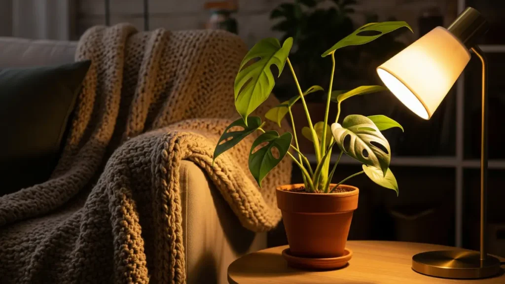 Um canto aconchegante de uma sala de estar com uma luminária acesa, uma planta em um vaso e uma manta sobre um sofá, ilustrando como os detalhes finais complementam a organização dos móveis na sala.
