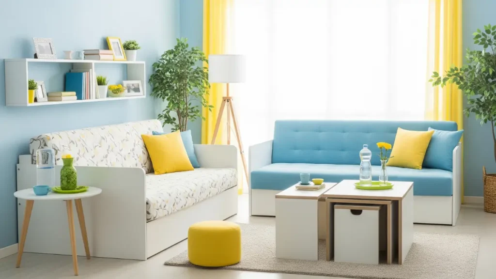 Uma sala de estar compacta com dois sofás menores, mesa de centro e prateleiras verticais, mostrando como organizar móveis na sala pequena para maximizar o espaço e a funcionalidade.