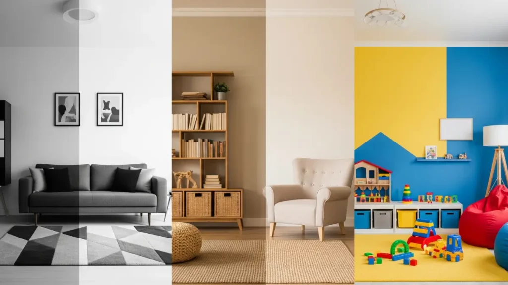 Imagem das Paletas de Cores (Monocromática, Neutra e Vibrante) Uma imagem dividida em três partes que exemplifica como combinar cores na decoração em diferentes paletas: monocromática (tons de cinza), neutra (tons de bege) e vibrante (cores primárias).