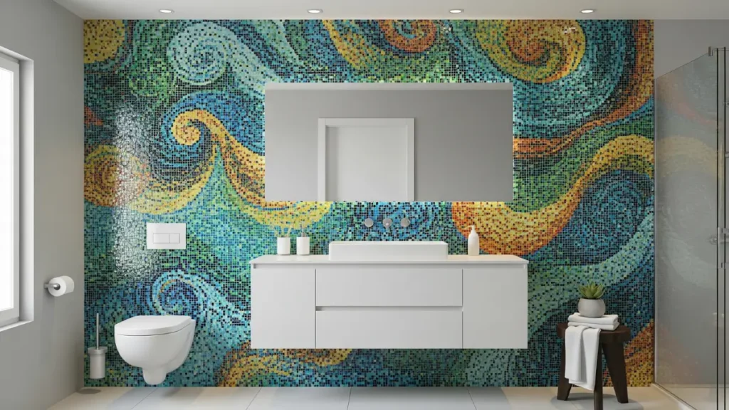 Uma imagem de um banheiro que usa mosaico e pastilhas para criar uma parede de destaque, um dos tipos de revestimentos para banheiro que adiciona cor e arte.
