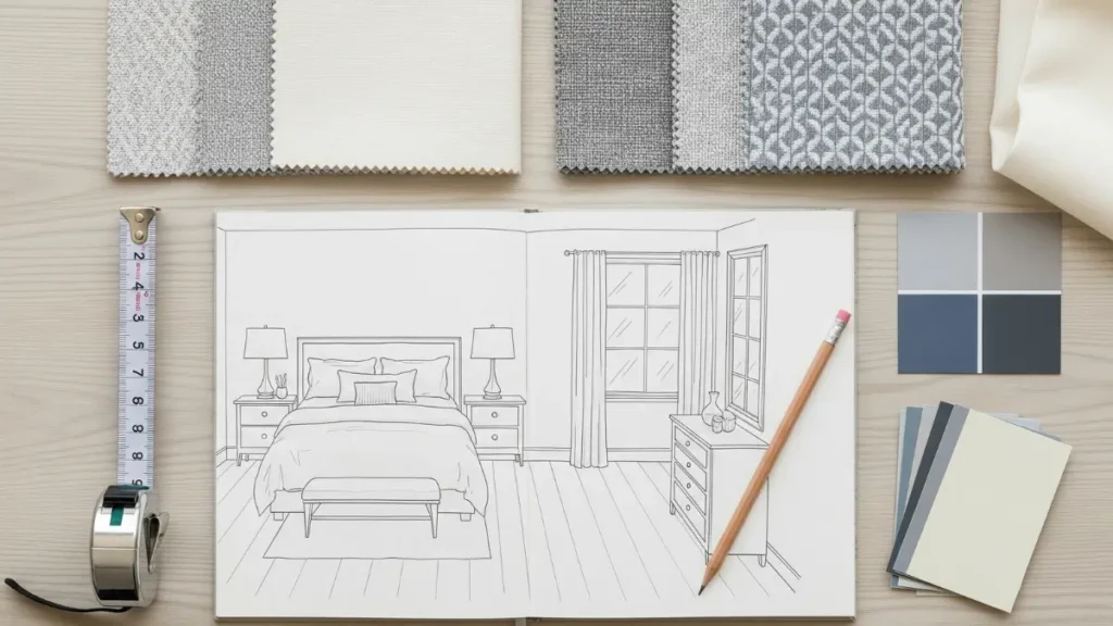 Imagem em flat lay com itens de planejamento para um projeto de quarto de casal, incluindo um esboço de layout em um caderno, amostras de cores e tecidos, e uma fita métrica.