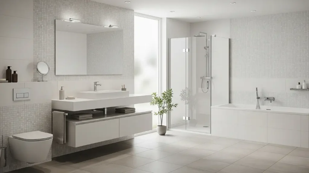 Uma imagem de um banheiro moderno, misturando diferentes tipos de revestimentos para banheiro, como porcelanato no piso e cerâmica nas paredes em um padrão texturizado.