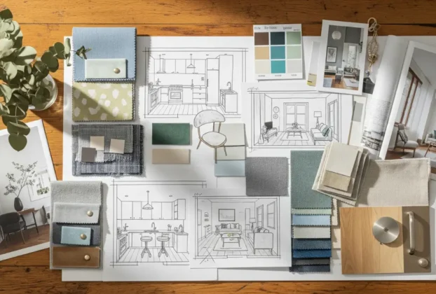 Um mood board inspirador com amostras de materiais e esboços arquitetônicos, representando a etapa criativa de um Plano de Reforma de Apartamento.