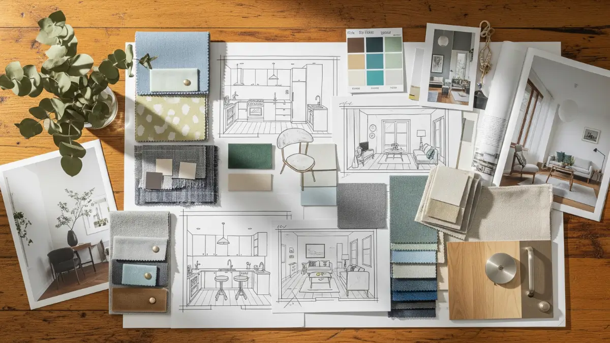 Um mood board inspirador com amostras de materiais e esboços arquitetônicos, representando a etapa criativa de um Plano de Reforma de Apartamento.