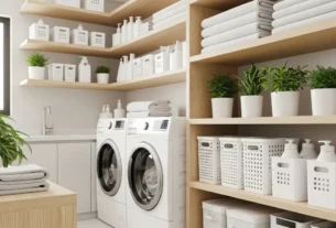 Uma lavanderia moderna e bem iluminada, com máquina de lavar e secar, prateleiras de madeira clara repletas de cestos organizadores brancos e plantas verdes, exibindo as dicas para organizar a lavanderia de forma eficiente.