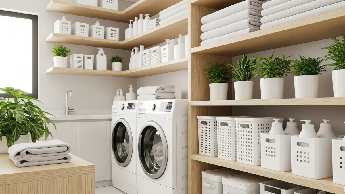Uma lavanderia moderna e bem iluminada, com máquina de lavar e secar, prateleiras de madeira clara repletas de cestos organizadores brancos e plantas verdes, exibindo as dicas para organizar a lavanderia de forma eficiente.