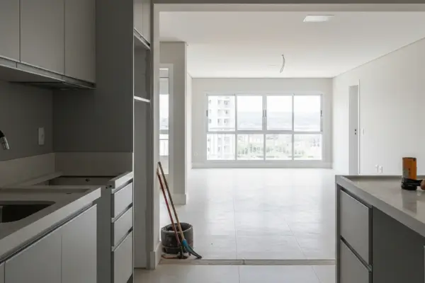 Reforma de apartamento moderna com cozinha nova e sala de estar após a conclusão da maioria das obras, mostrando a duração de reforma de apartamento.
