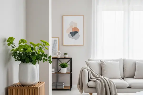 Sala de estar limpa e organizada com cores claras, mostrando como manter a casa organizada no dia a dia.