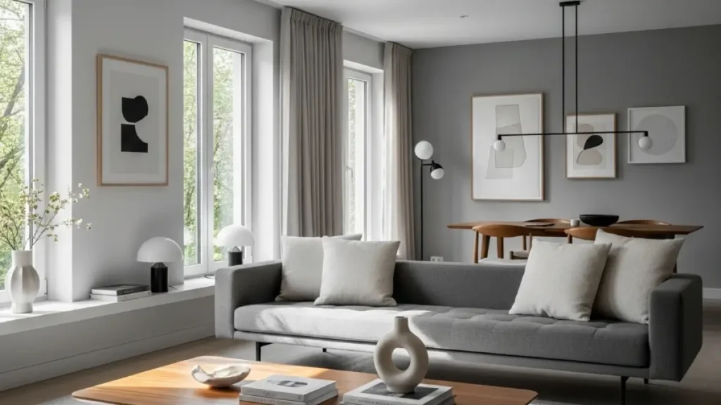 Sala de estar moderna com design minimalista e linhas limpas.