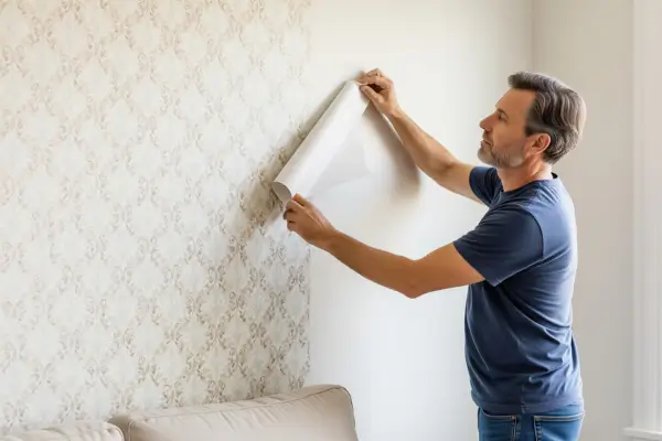 Um homem mostrando como aplicar papel de parede em uma sala. Processo de aplicação de papel de parede sendo demonstrado.