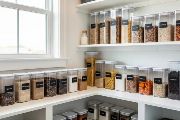 Despensa como organizar a despensa da cozinha com potes transparentes e prateleiras limpas, otimizando espaço e tempo no preparo das refeições.