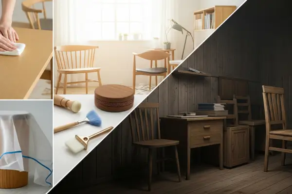 Descrição visual simplificada das dicas de conservação de móveis de madeira, focando em cuidados e prevenção. Legenda visual sem texto, ilustrando práticas essenciais.