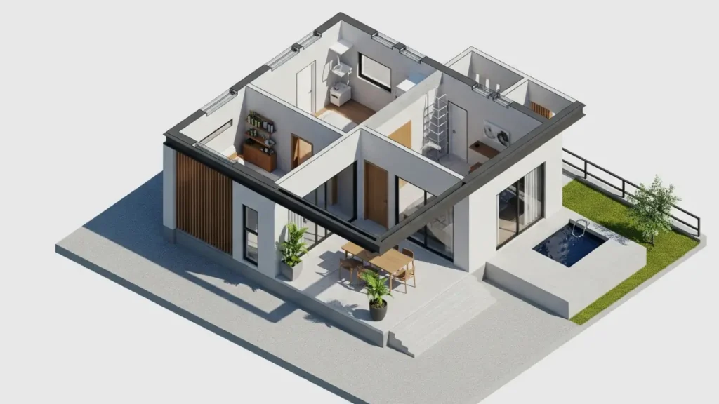 Modelo 3D de casa representando o planejamento de construção de casa otimizado com tecnologia.