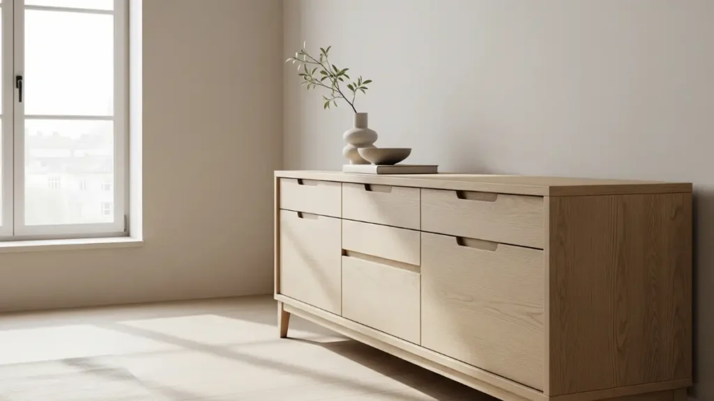 Um móvel com design simples e gavetas embutidas, demonstrando a funcionalidade e inteligência dos móveis na decoração minimalista para apartamentos. 