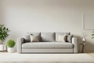 Sala de estar clean com sofá neutro, tapete claro, plantas e poucas decorações, evidenciando a decoração minimalista para apartamentos.