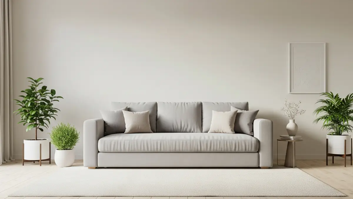 Sala de estar clean com sofá neutro, tapete claro, plantas e poucas decorações, evidenciando a decoração minimalista para apartamentos.