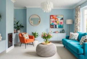 Sala de estar harmoniosa com paleta de cores para sala personalizada em tons pastéis e vibrantes.