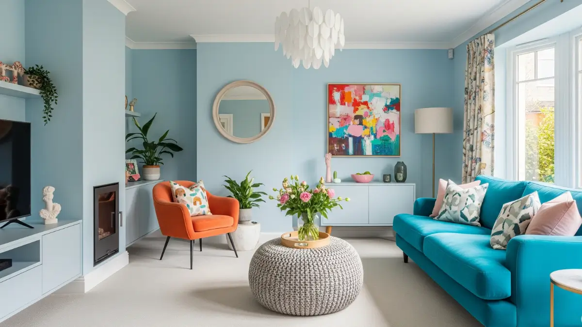 Sala de estar harmoniosa com paleta de cores para sala personalizada em tons pastéis e vibrantes.