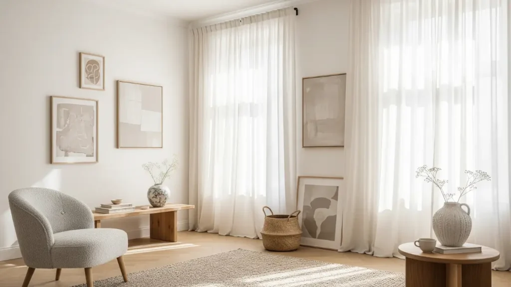 Ambiente de sala com muita luz natural, cortinas leves, paredes claras e texturas sutis, exemplificando a iluminação e as cores na decoração minimalista para apartamentos.
