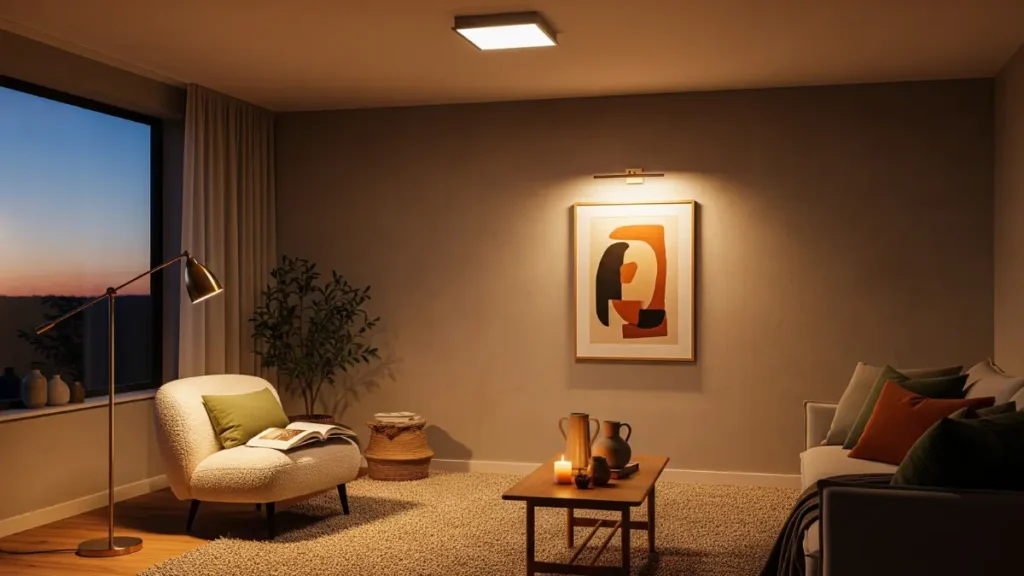 Uma sala aconchegante com diferentes fontes de luz, incluindo uma luz geral no teto, um abajur de piso como luz de tarefa e um spot de destaque iluminando um quadro, ressaltando como evitar erros comuns na decoração de interiores ao planejar a iluminação.