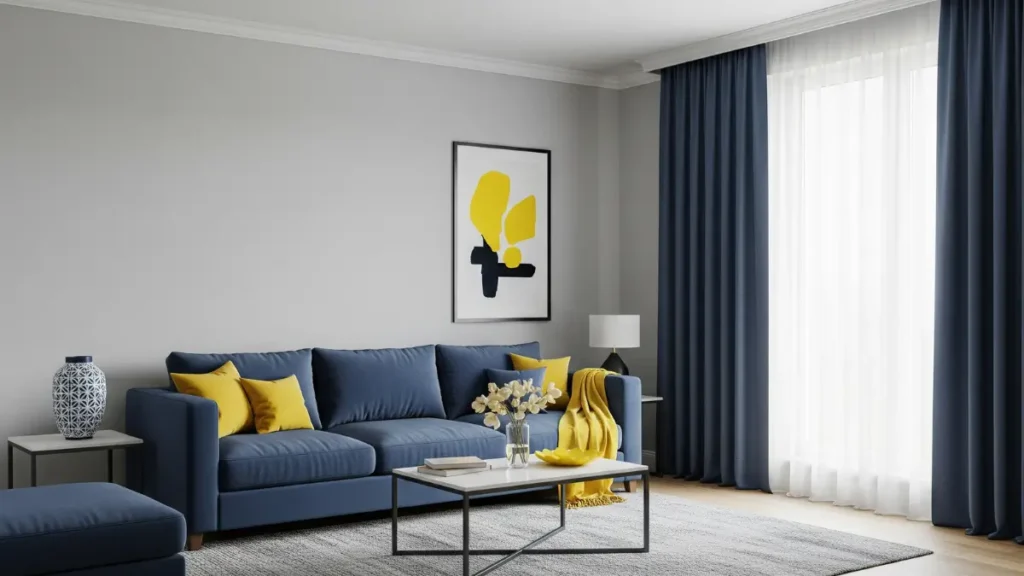 Uma sala de estar com paredes cinzas neutras, um sofá azul como cor secundária e almofadas amarelas como pontos de destaque, ilustrando como evitar erros comuns na decoração de interiores ao criar uma paleta de cores equilibrada.