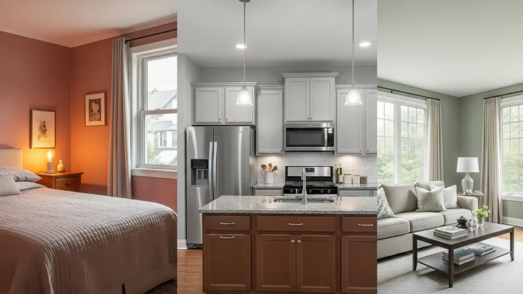  Um collage de três ambientes diferentes (quarto, cozinha e sala) com acabamentos de tinta adequados para cada um, representando a escolha da melhor tinta para parede interna por cômodo.