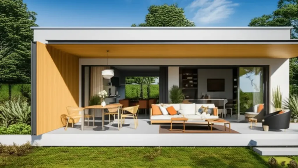 Imagem em formato paisagem de uma varanda gourmet integrada a uma casa térrea. A cena ensolarada realça a amplitude proporcionada pelas grandes portas de vidro, a continuidade do piso entre os ambientes e os elementos de uma área de lazer completa, ilustrando ideias para planta de casa térrea focadas na experiência de viver tanto dentro quanto fora.