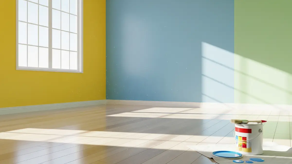 Uma imagem de uma sala interna recém-pintada, com cores vibrantes e luz natural, mostrando o resultado de escolher a melhor tinta para parede interna.