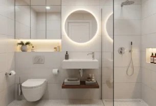 Imagem de um projeto de banheiro pequeno inteligente e charmoso, mostrando um layout otimizado com móveis suspensos, nicho no box e boa iluminação para máximo aproveitamento de espaço e um visual clean.