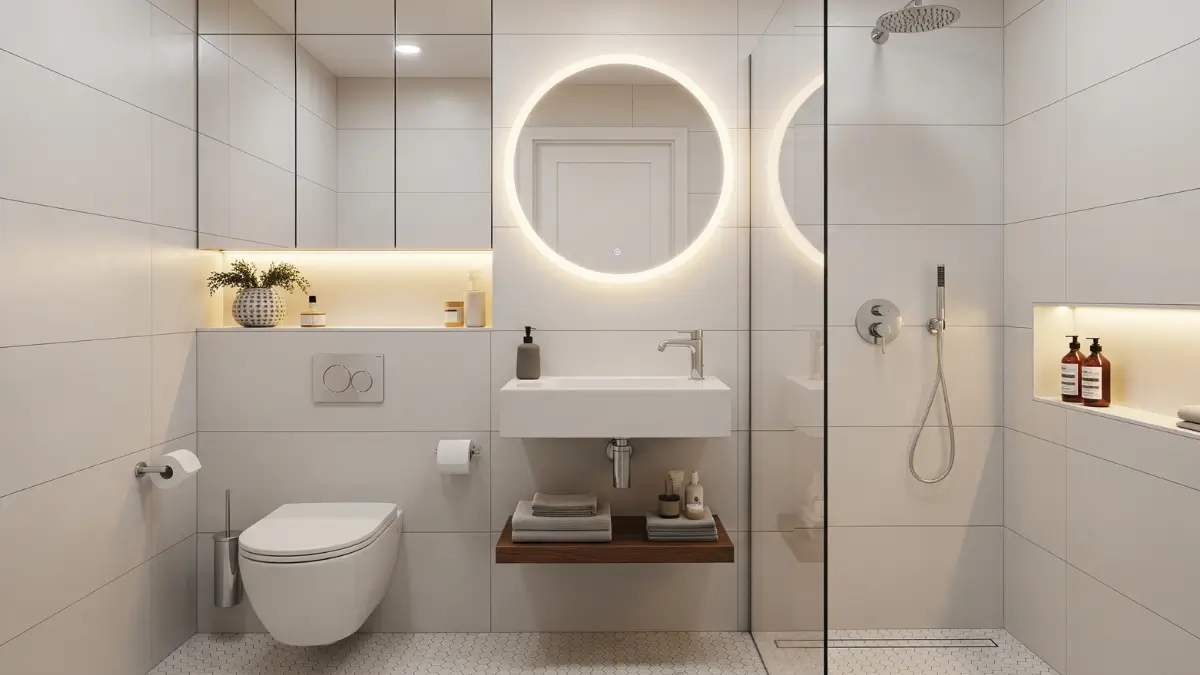 Imagem de um projeto de banheiro pequeno inteligente e charmoso, mostrando um layout otimizado com móveis suspensos, nicho no box e boa iluminação para máximo aproveitamento de espaço e um visual clean.