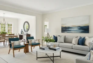 Uma sala de estar bem decorada que serve de exemplo de como evitar os erros comuns na decoração de interiores. O ambiente mostra um sofá cinza com almofadas azuis e brancas, poltronas em tom verde-petróleo, um tapete de tamanho correto que ancora os móveis, e uma iluminação e quadros em harmonia.